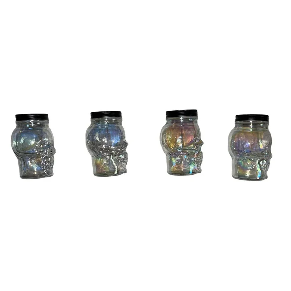 NWT Celebrate Skull Glass Slipper Clear Iridescent Colorful Glass Halloween 4 Pc
